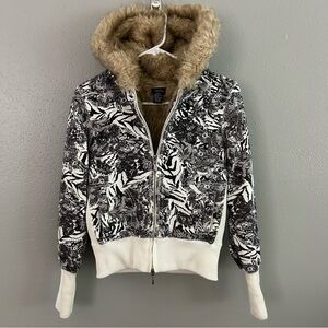 Vintage Y2K Rue21 Faux Fur Lined Full Zip Hoodie Size S Mixed Print Brown Cream